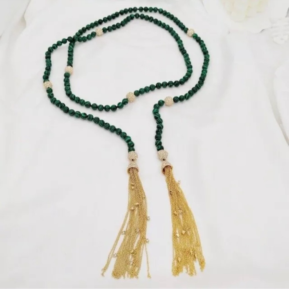 Alexis Bittar Emerald Green Beaded Necklace with Gold Tassels